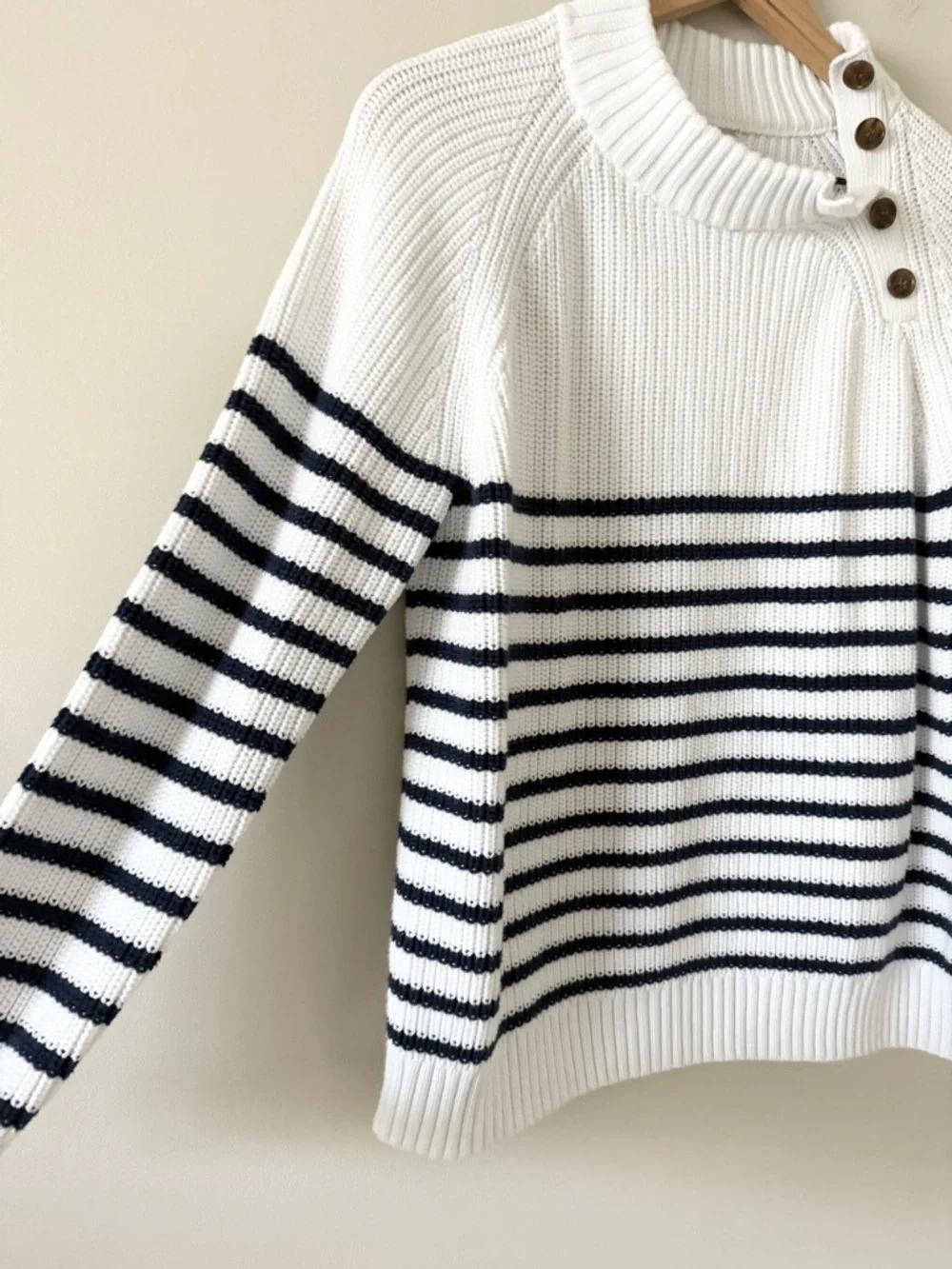 J. Crew Knit Cotton Sweater With Button Neck in White & Navy Stripe Size M